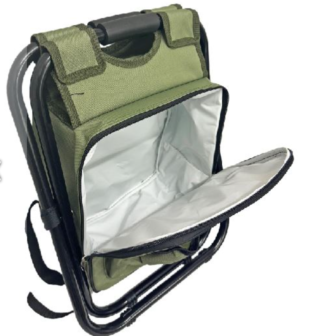Sitzhocker faltbar als Rucksack mit Kühltasche – grün/schwarz