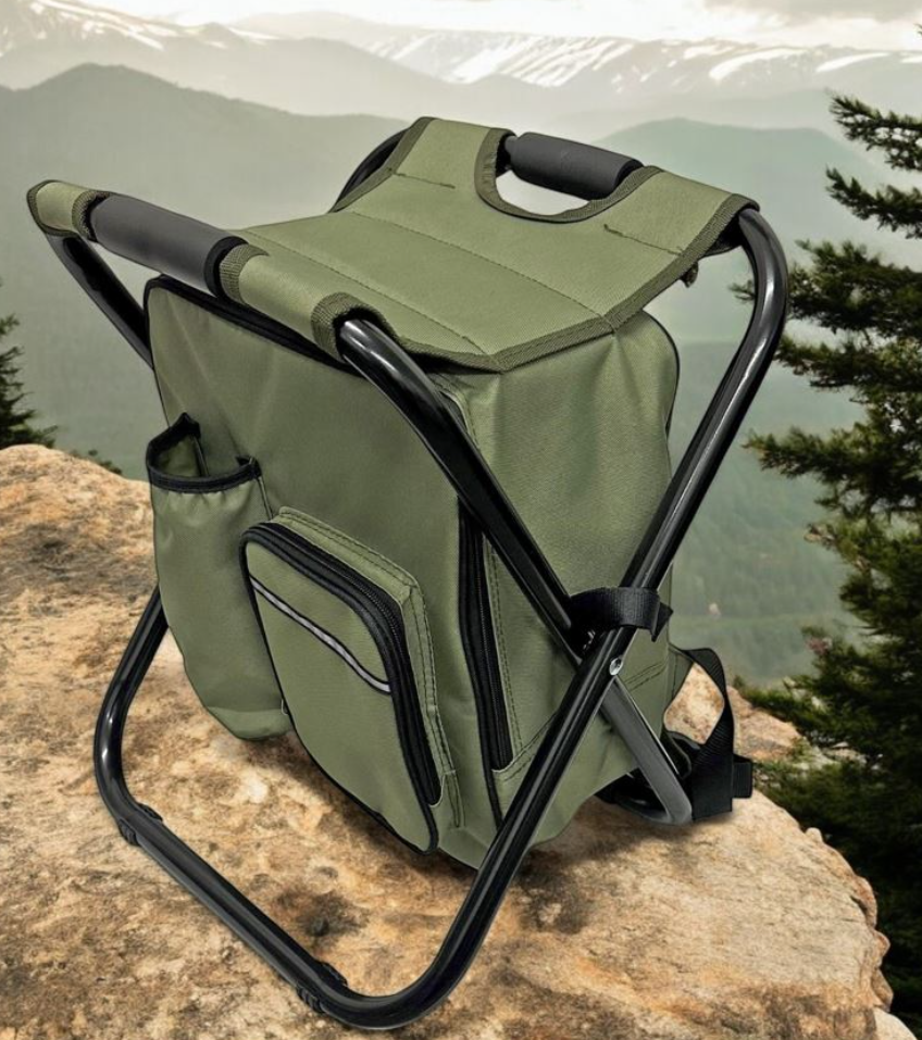 Sitzhocker faltbar als Rucksack mit Kühltasche – grün/schwarz
