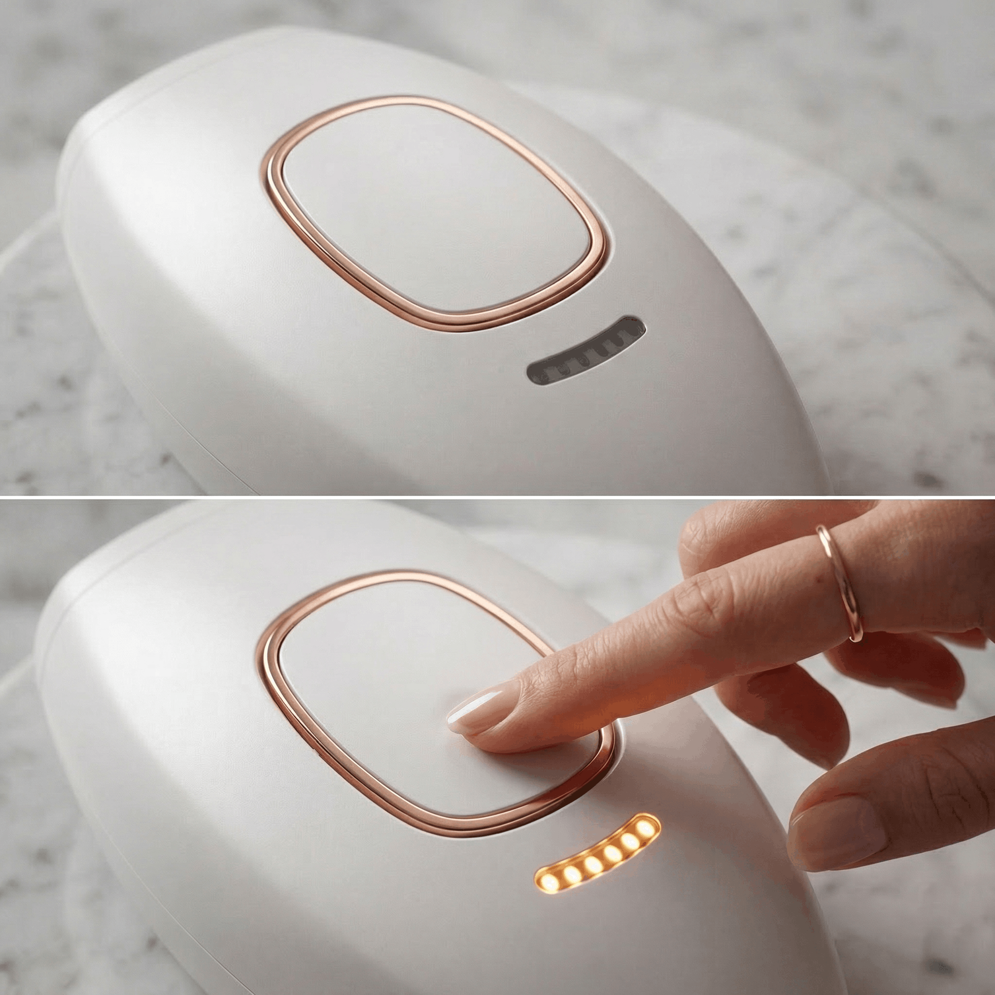Diptychon-Visualisierung des Interaktions-Loops. Links: Die gepflegte Hand mit Goldring über dem Gerät (Ruhezustand). Rechts: Die Hand drückt den Knopf (Aktive LED-Anzeige). Schmerzfreie IPL Haarentfernung.
