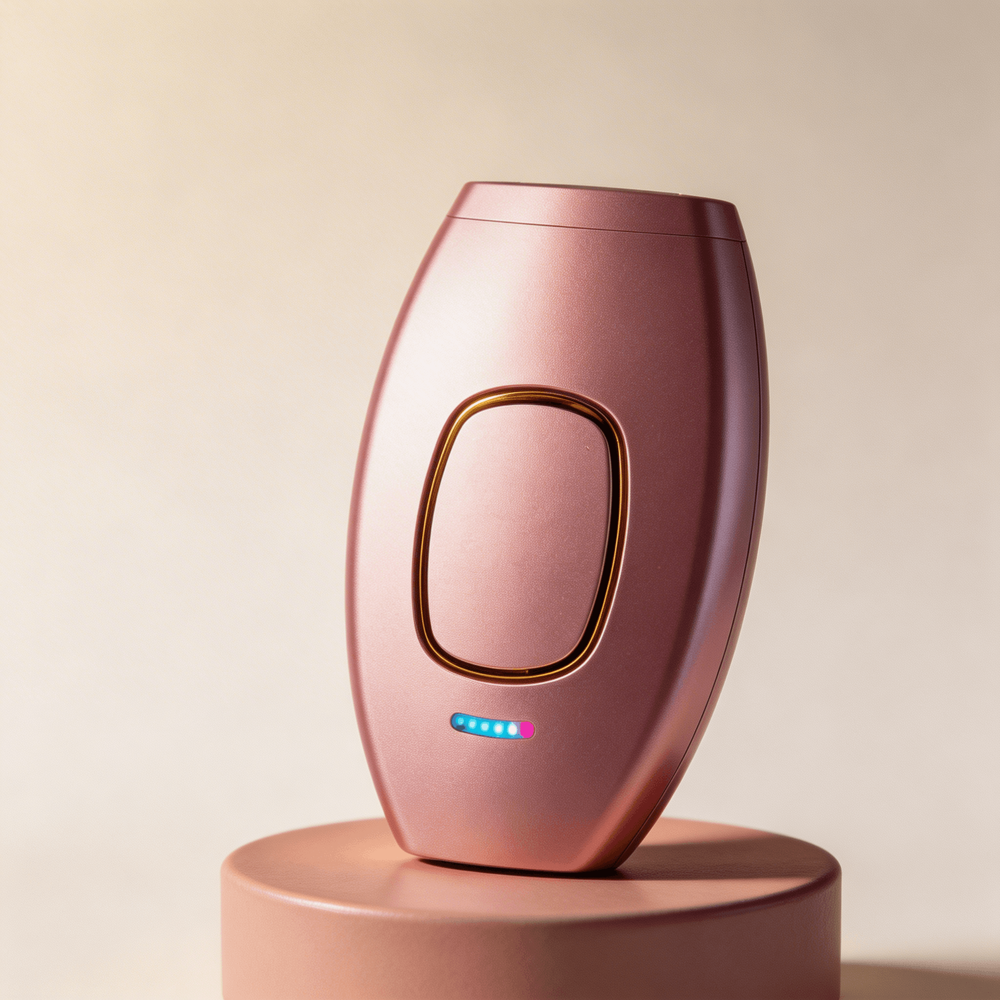 Ästhetisches Porträt des pinkfarbenen SwissBella VelvetSkin™ Elite IPL-Geräts auf einem Sockel aus matter Keramik. Weibliches Premium-Design.