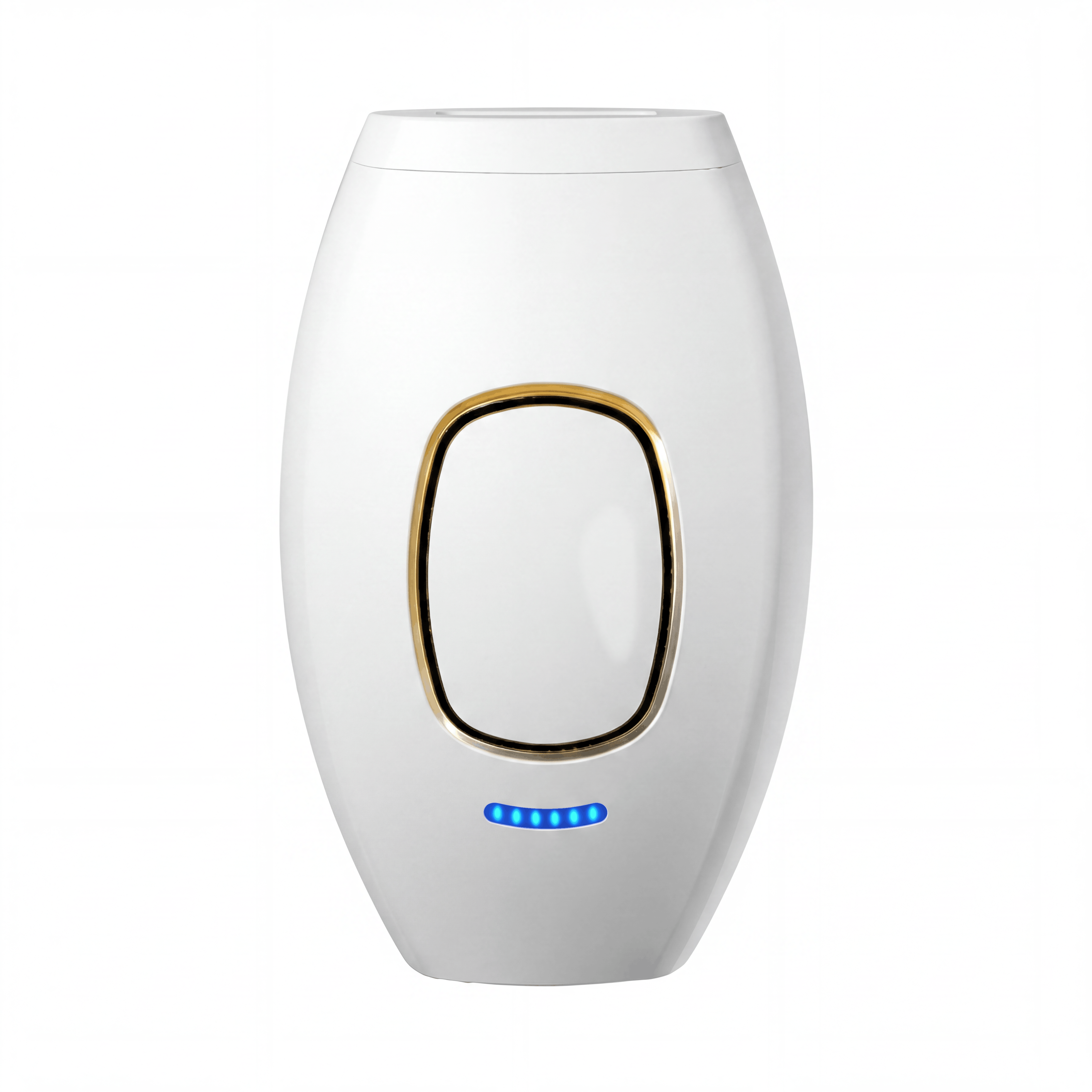 Modernes SwissBella VelvetSkin™ Elite IPL-Gerät in Mattweiss mit roségoldenen Details, isoliert auf reinweissem Hintergrund für Google Shopping. Dauerhafte Haarentfernung.