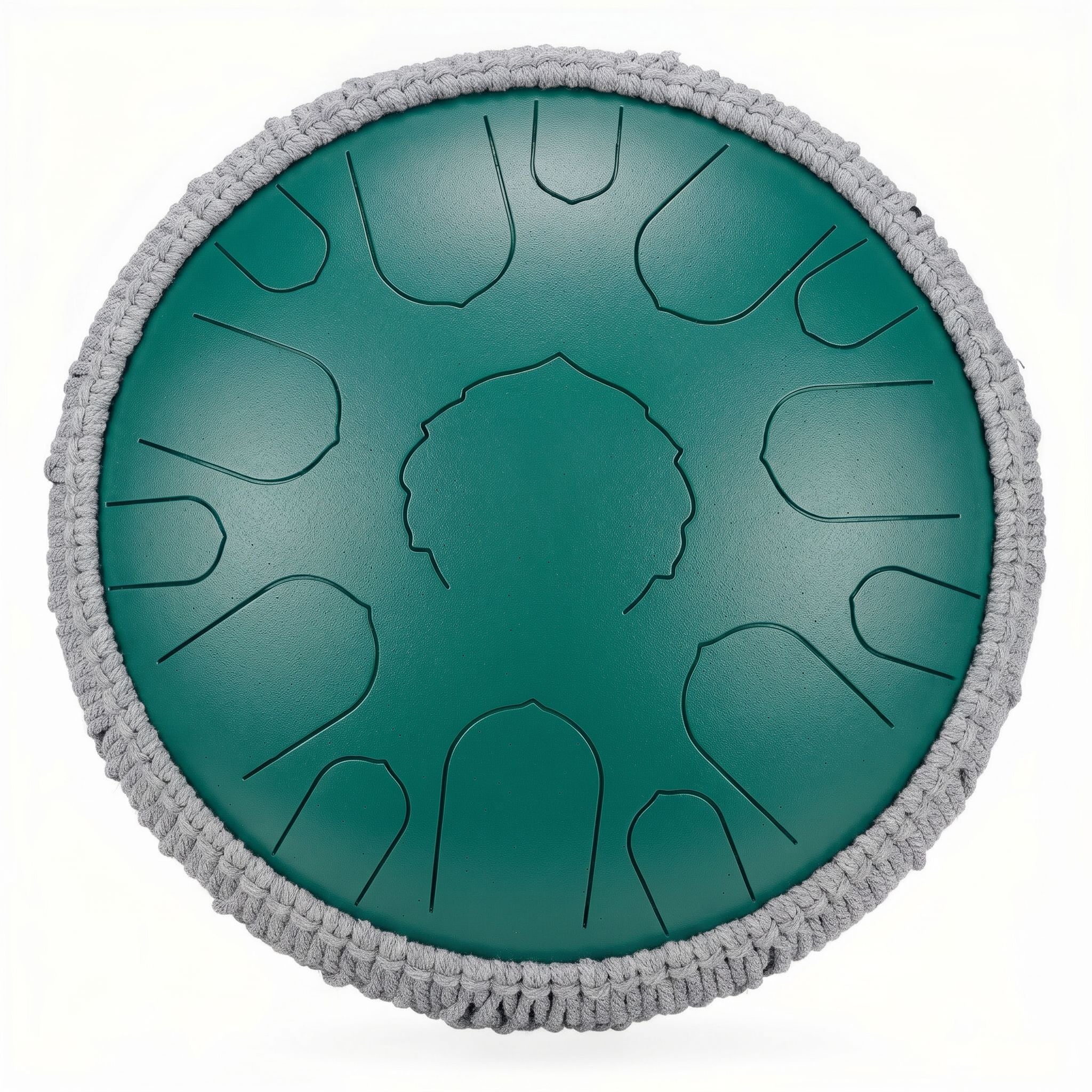 Professionelle SwissZen Master Zungentrommel 15 Töne in Deep Emerald, blanke Zungen-Optik ohne Gravuren mit Rattan-Netz.