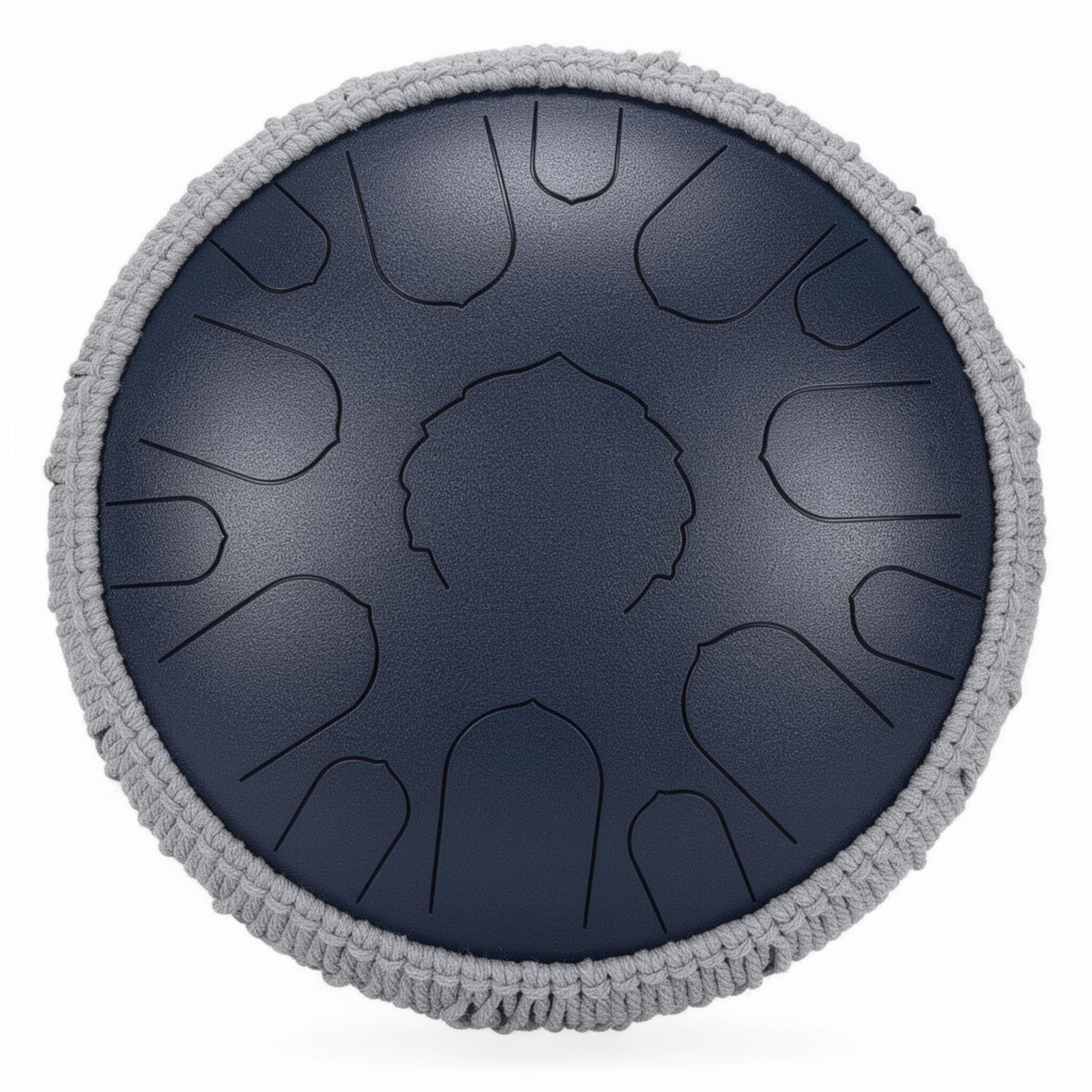 SwissZen Master Zungentrommel mit 15 Tönen in Midnight Blue, 35cm Durchmesser, blanke Zungen ohne Zahlen und handgeflochtenes Rattan-Netz.