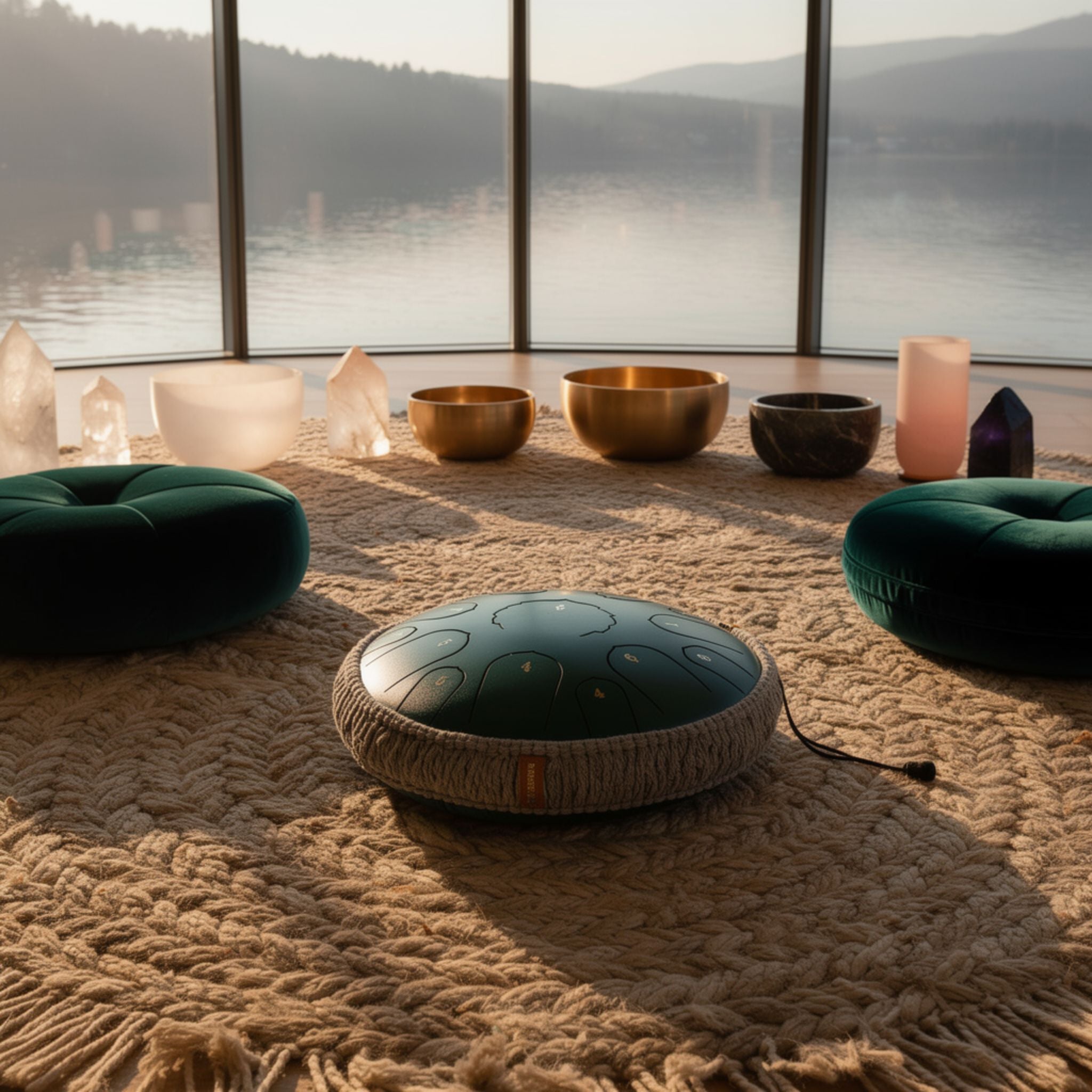 Harmonische Platzierung der SwissZen Master Zungentrommel in einem hellen Raum für Yoga und Meditation.