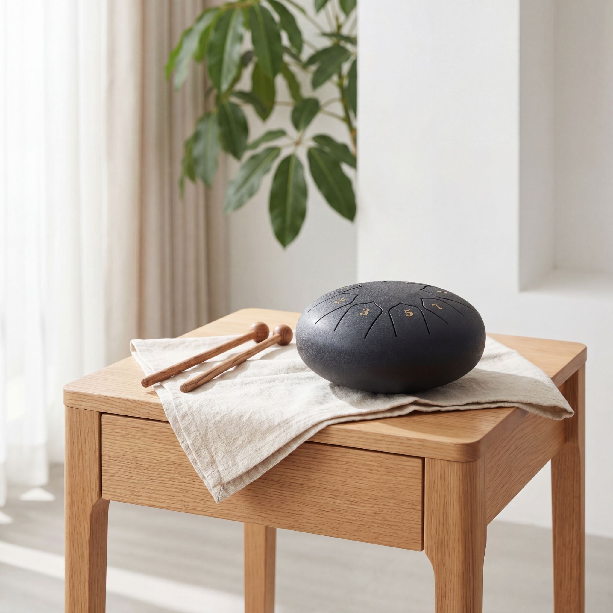 SwissZen One Zungentrommel Obsidian auf einem Holztisch mit Leinendekor und Holzschlägeln als minimalistisches Einrichtungs-Highlight.
