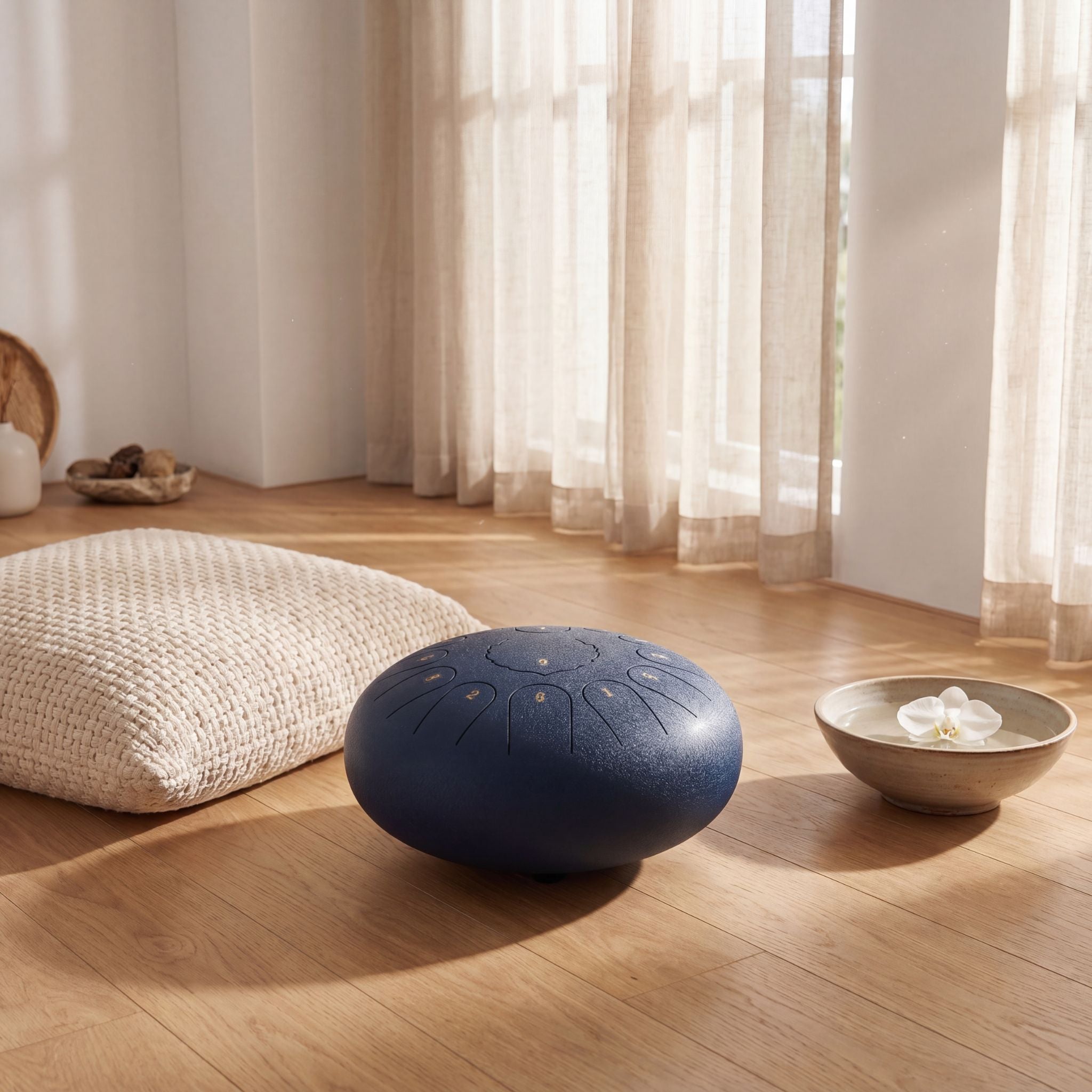 Die SwissZen Pro 12 Zoll Zungentrommel in Midnight Blue als dekoratives Element in einem hellen, minimalistischen Wohnambiente.