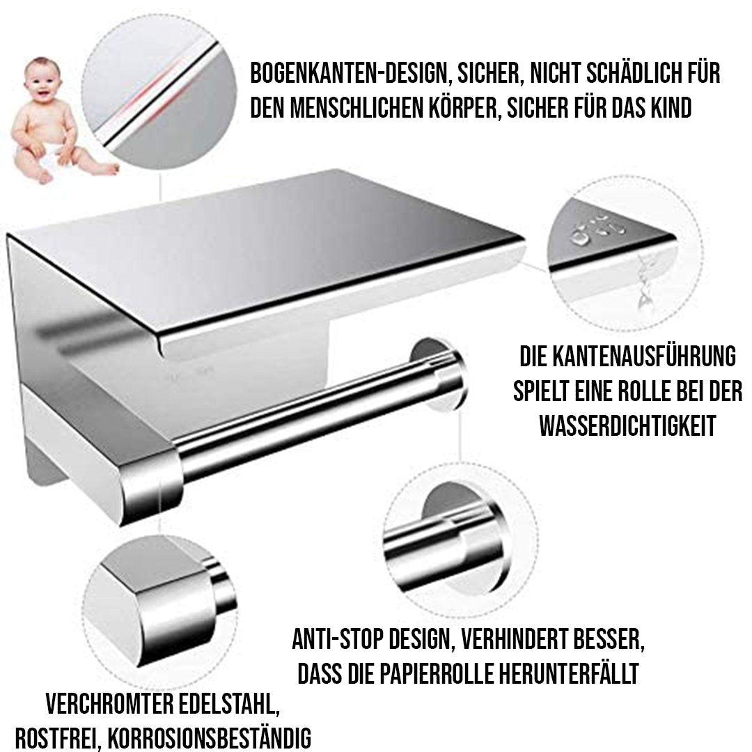 Premium Toilettenpapierhalter ohne Bohren mit Ablage - Stilvolle und praktische Badezimmerlösung - SwissGadget