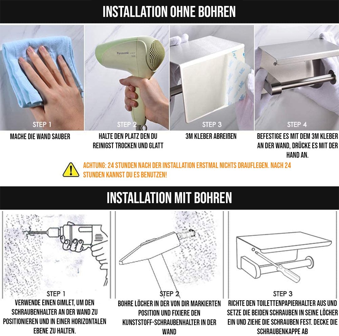 Premium Toilettenpapierhalter ohne Bohren mit Ablage - Stilvolle und praktische Badezimmerlösung - SwissGadget