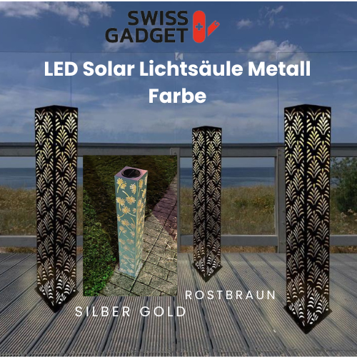 LED Solar Lichtsäule aus Metall - Rostbraun oder Silber Gold