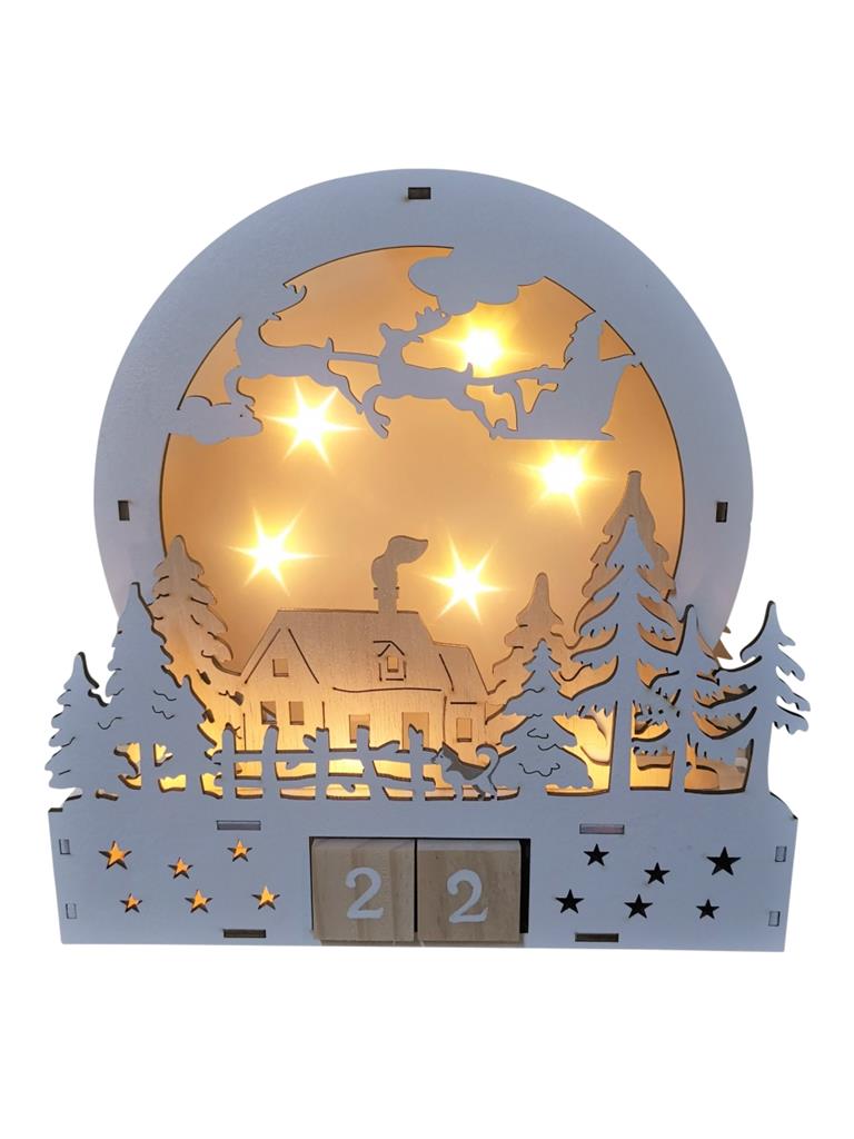 LED Holz Kalender Tischdeko mit Zahlenwürfeln und 8 LEDs – Weiß