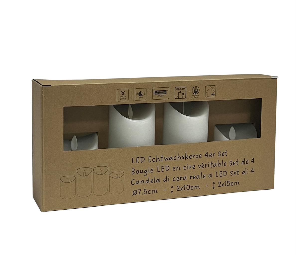 LED Wachskerze 4er Set (weiß, rustic, bewegliche Flamme)