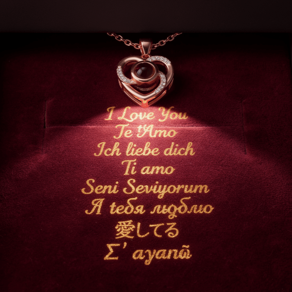 Detailansicht der hundert Sprachen Projektion der Rêve d’Amour™ Halskette auf edlem burgunderrotem Samt.