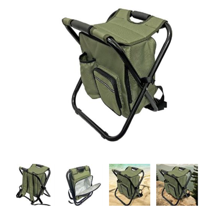 Sitzhocker faltbar als Rucksack mit Kühltasche – grün/schwarz