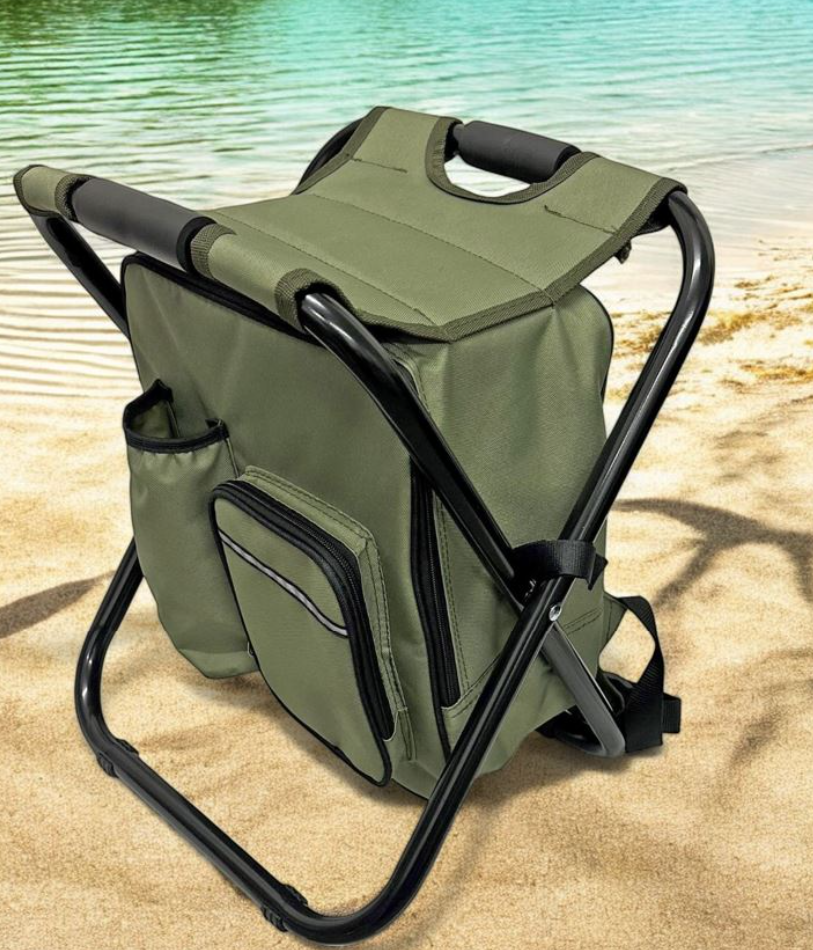 Sitzhocker faltbar als Rucksack mit Kühltasche – grün/schwarz