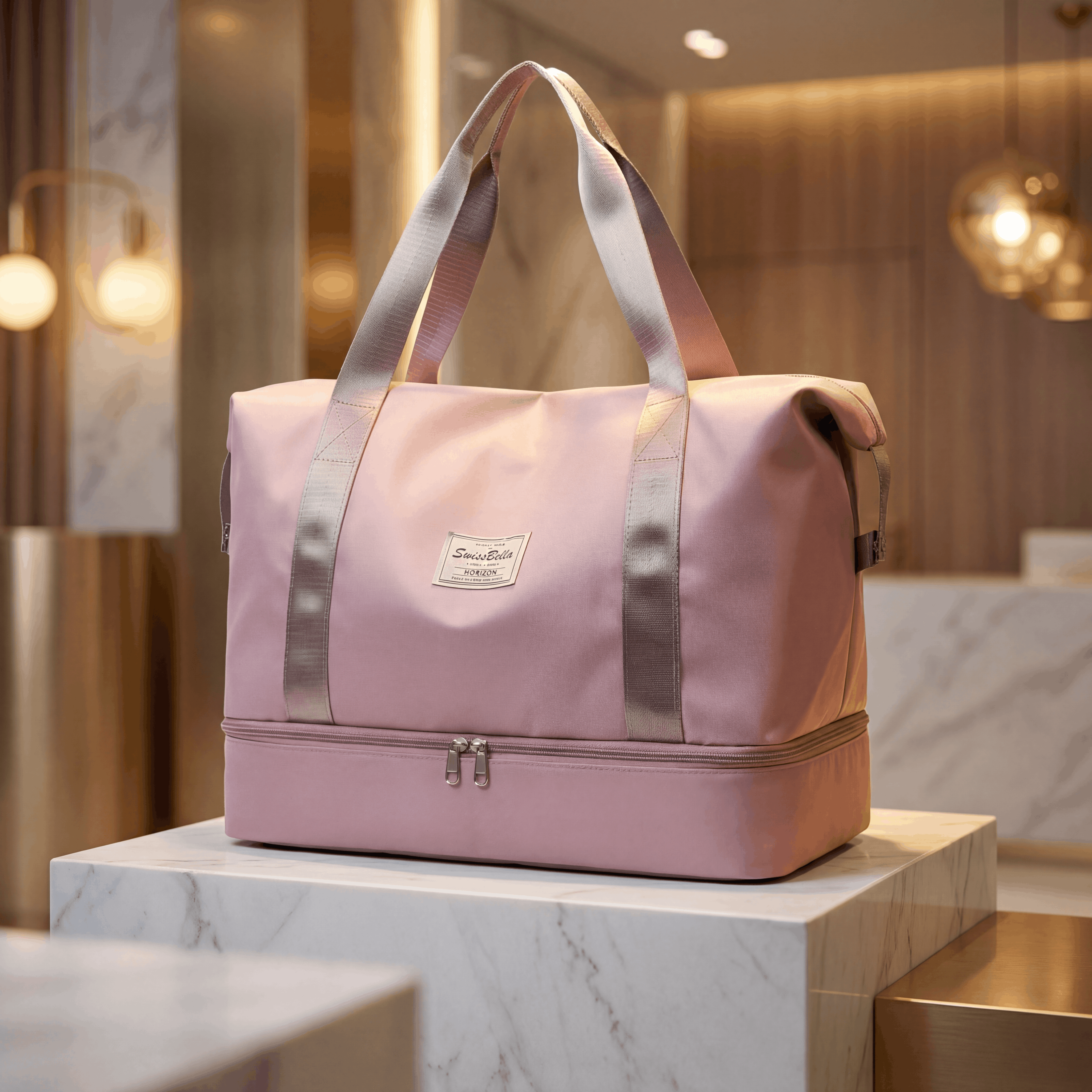Exklusive Präsentation des SwissBella Horizon Weekenders auf einem Marmorsockel in einer luxuriösen Boutique-Umgebung.