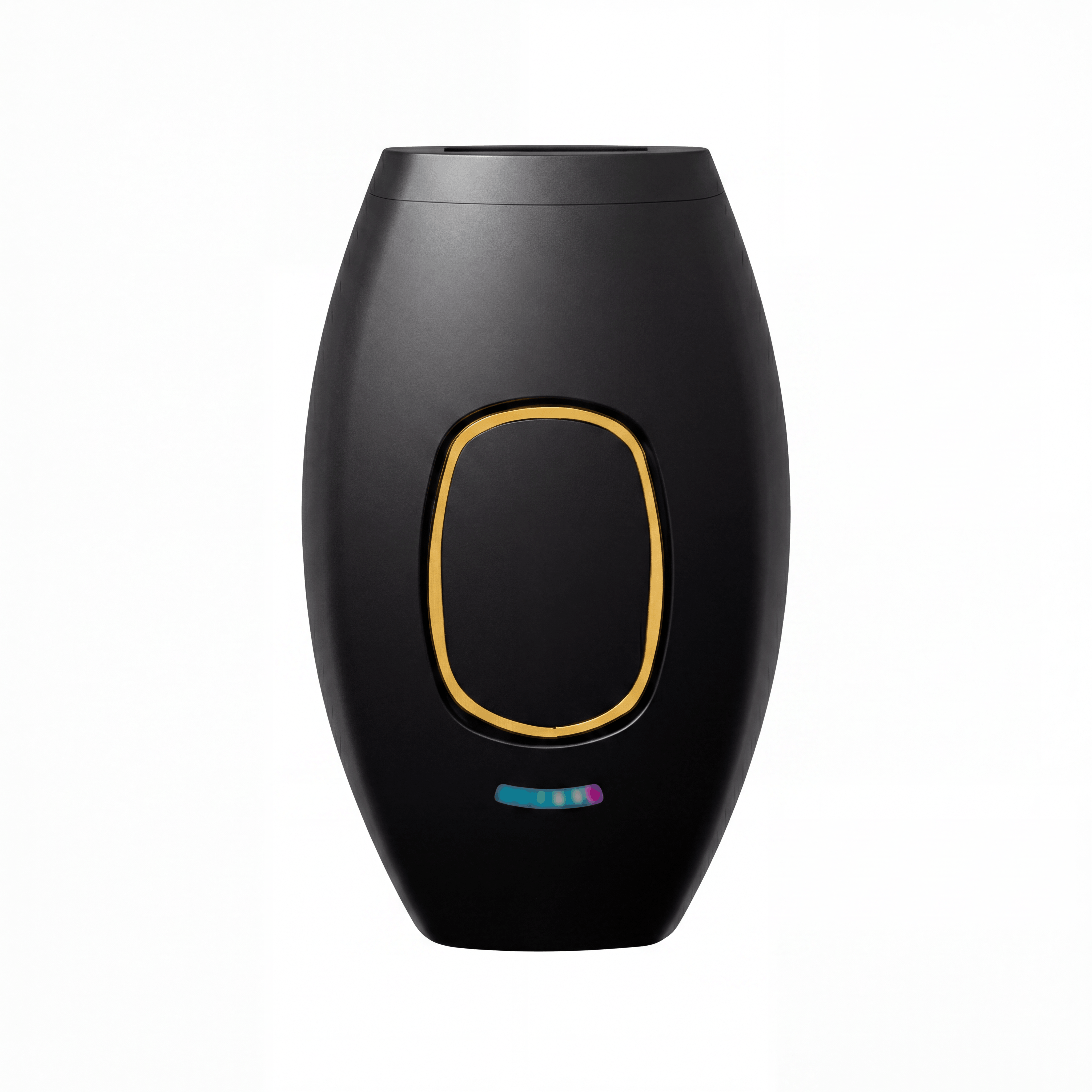 Elegantes SwissBella VelvetSkin™ Elite IPL-Gerät in Mattschwarz mit Goldakzenten, isoliert auf reinweissem Hintergrund. Farbvariante.