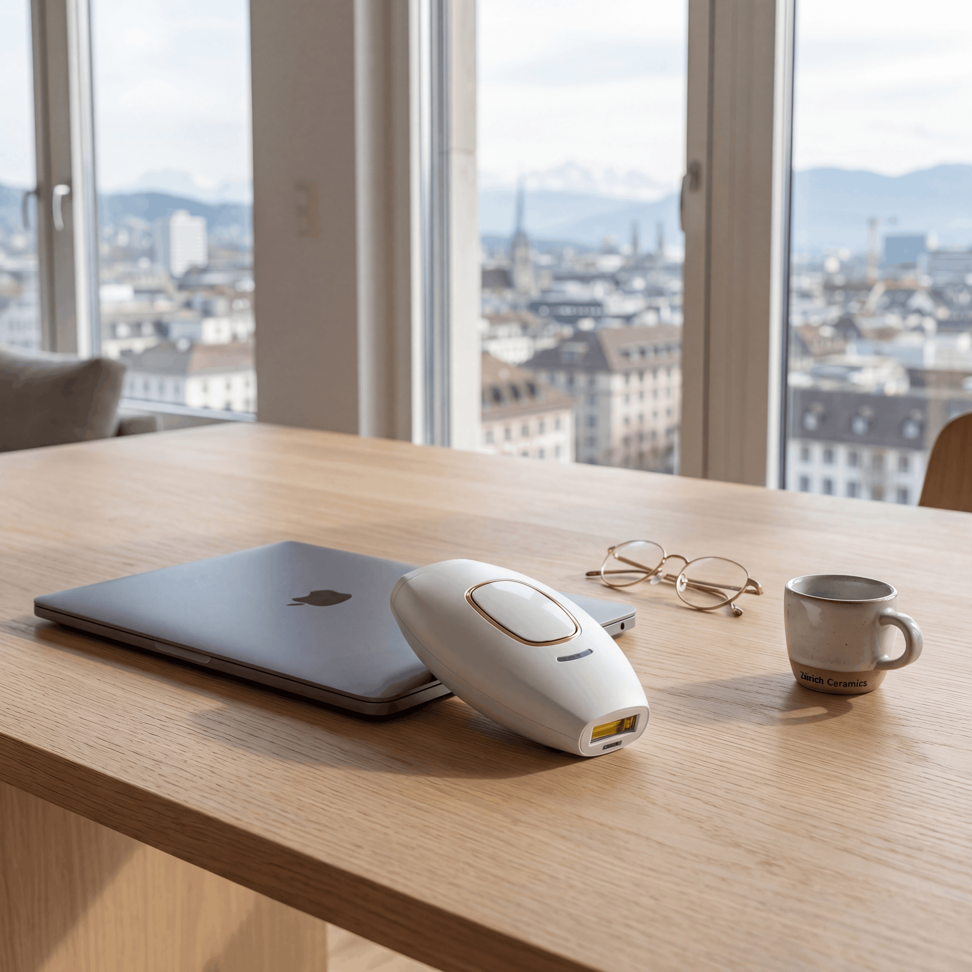 Das weisse SwissBella VelvetSkin™ Elite IPL-Gerät arrangiert auf einem minimalistischen Eichenholz-Schreibtisch neben einem MacBook und einer Kaffeetasse. Smart Living Haarentfernung.
