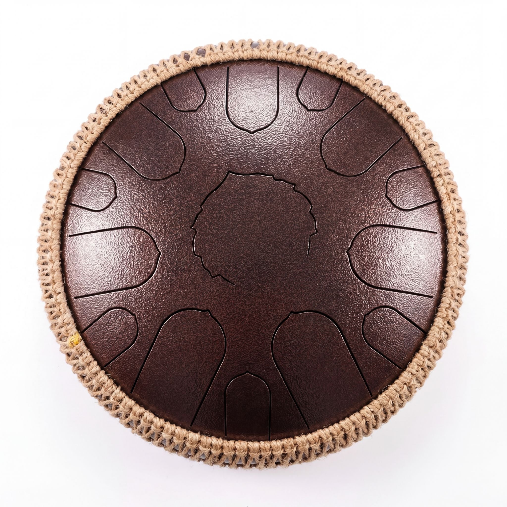 Exklusive SwissZen Master Zungentrommel in Earth Bronze, 35cm, mit 15 blanken Zungen und natürlichem Rattan-Umfang.