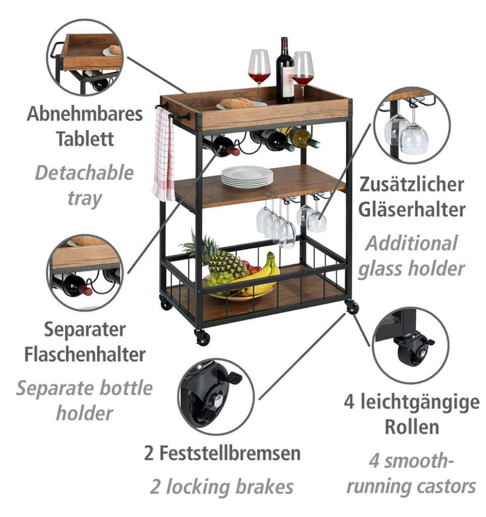 Küchenwagen Rustico mit Weinglashalter und Flaschenhalter