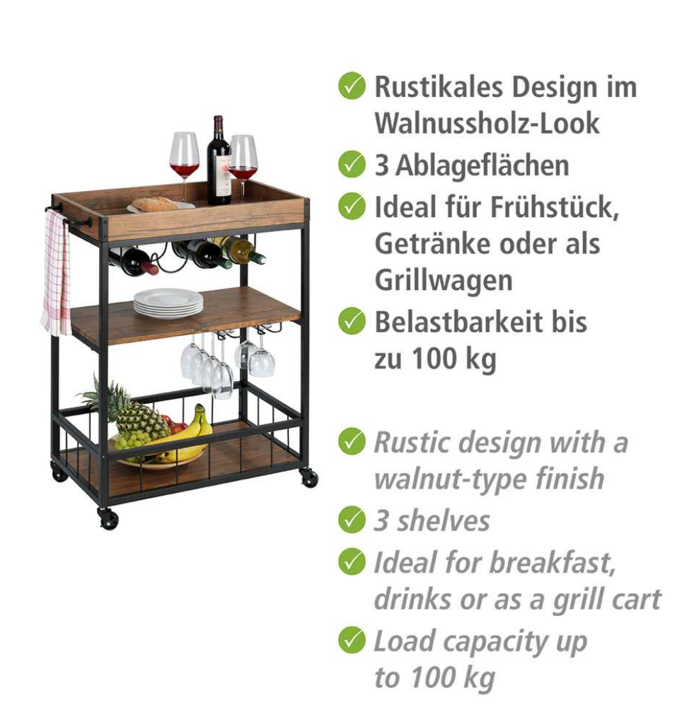 Küchenwagen Rustico mit Weinglashalter und Flaschenhalter